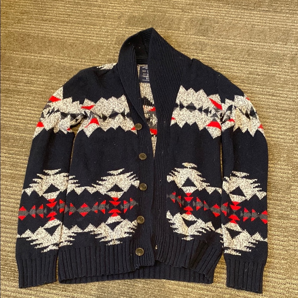 American Eagle Outfitters Blue and Red Cardigan Sweater with Nordic Pattern